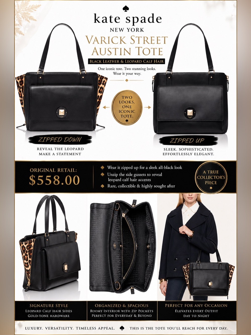 Kate Spade Varick Street Austin Tote, Leopard Haircalf/Black MSRP: $558.00 NWOT